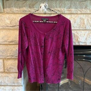 Simply Styled Purple Buttoned 3/4 Sleeve Floral Cardigan Medium